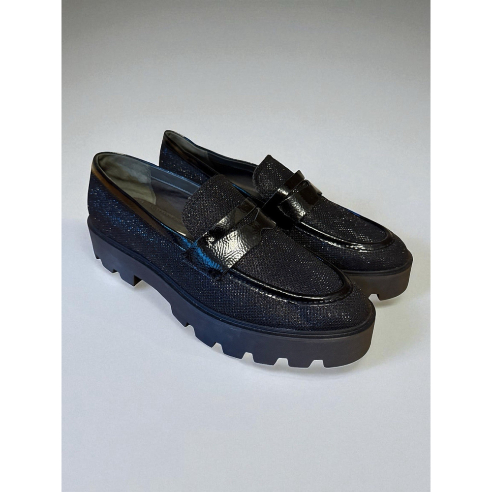 Franco Sarto Balin Lug Sole Penny Loafers Black Shimmer Vegan Size 11 NWOB
